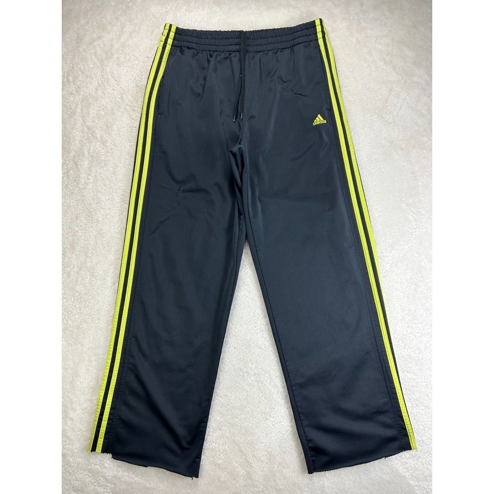Adidas Track Pants Mens L Black Yellow 3-Stripes Drawstring Activewear CROPPED